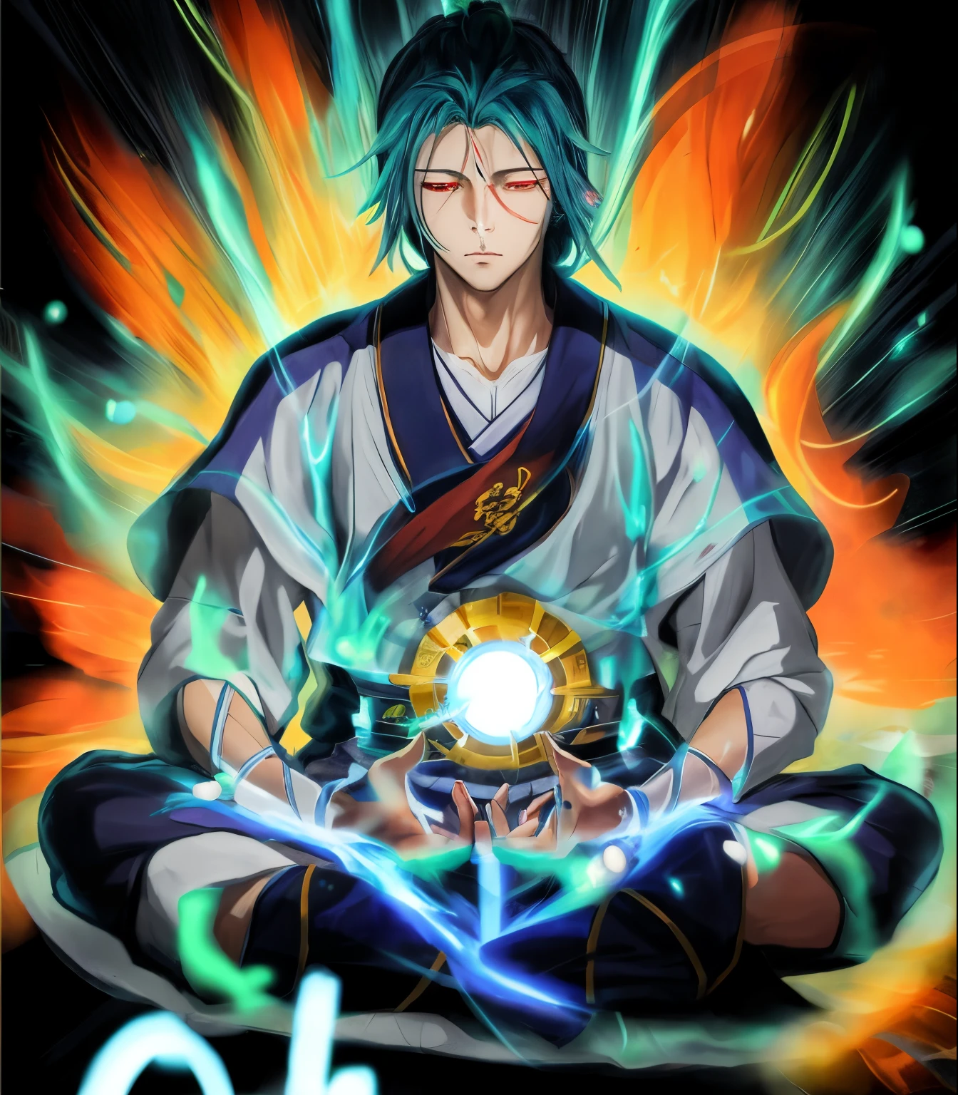 anime character sitting in lotus position with glowing orb, Heise Jinyao, divindade de cabelos brancos, imagem do avatar, taoist, empunhando kunai, he is casting a lighting spell, Shikanosuke Yagaki, Fanart, inspirado em Zhibai, taoist master, imagem de anime shuushuu