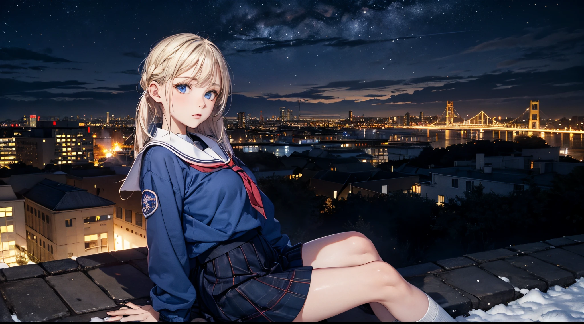 masutepiece,8K,octans, Skysky, stele(Skysky), landscapes, starrysky, natta, 1girl in, nigh sky, report, plein air, built, ​​clouds, milkyway, sitting on, 城市, silhuette, Cityscape,(Short, Low twin-tailed blonde hair:1.2),(Deep Blue Eyes:1.3),(winter school uniform:1.1)