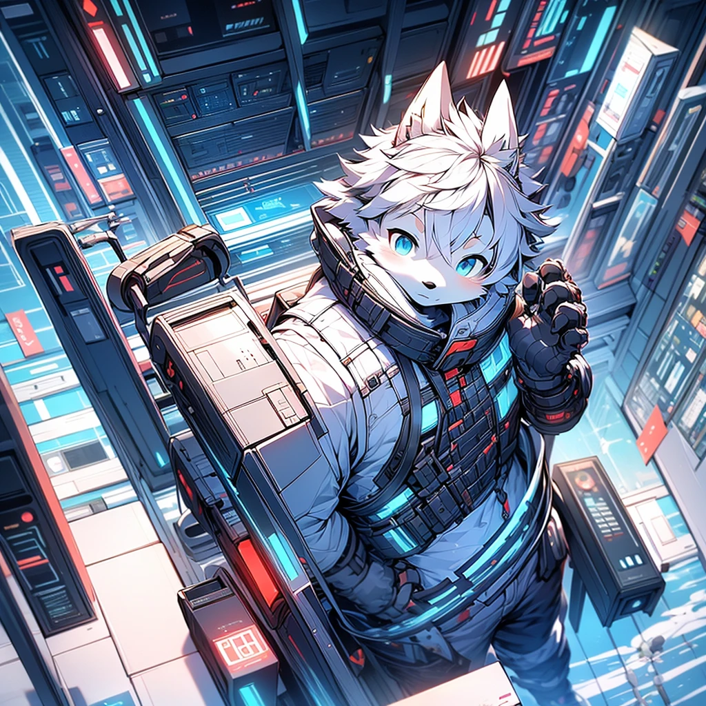 tmasterpiece,Best quality at best,male people,A white fox,Young,独奏,adolable,cheeks slightly red,cyber punk style,Wearing blue jacket and white shorts,Armed,Handheld,face to the viewer,Background snowfield,slightly injured。