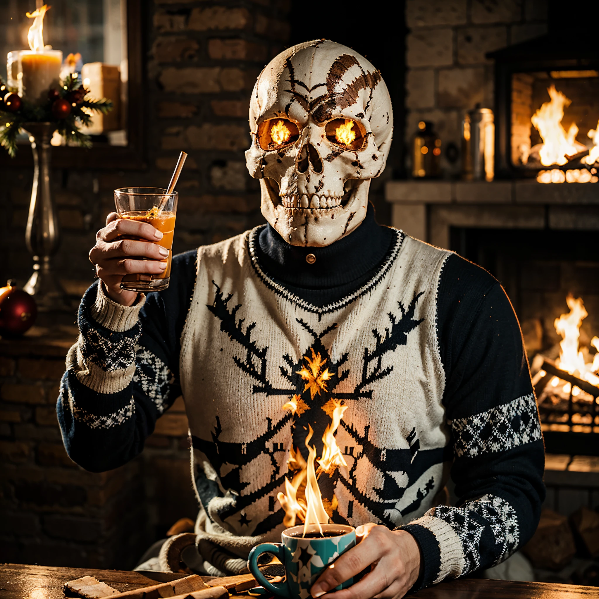 a skeleton with fire around him, wearing Christmas sweater, drinking a hot coffe, high quality, high detail, 8k, neon lights