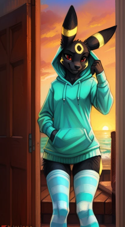 (((Umbreon, woman, small breasts, nude, antrum, extremely detailed, extremely detailed legs, extremely detailed arms, extremely detailed face, perfectly detailed eyes, perfectly detailed anatomy))): 1.2, solo, perspective, curved thighs, curvature, unexpresive face, (tail), totally blushed, smug smile, (half-closed eyes), supermodel, submissive, ((bedroom)), ((sunset)), long hair, black body, black fur, red eyes, ager, 18 years old teengirl, ((by fluff-kevlar, by Zackary911, by Kenket, by Kilinah, by fluff-kevlar)), ((hair covering eyerontal view, standing, ((cyan hoddie, white minkirt, cyan striped stockings))