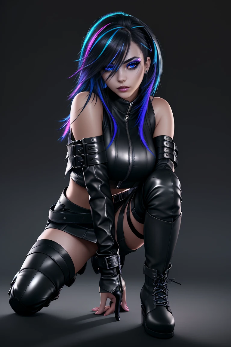 beautiful girl, full body, short bright blue neon streaked dishevelled hair, ((large light realistic detailed eyes:1.3)), ((seductive pose:0.5)), black eyeshadow, (street style wear:1.2), ((tight fitted short skirt)), ((knee high leather boots:1.3)), (dark city night black background:1.4), dark makeup, highly detailed, fine detail, intricate, beautiful detailed glow, detailed, Cinematic light, high-res, detailed facial features, sharp focus, smooth, aesthetic,