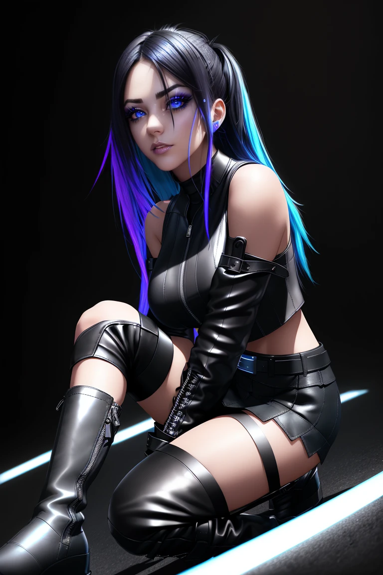 beautiful girl, full body, short bright blue neon streaked dishevelled hair, ((large light realistic detailed eyes:1.3)), ((seductive pose:0.5)), black eyeshadow, (street style wear:1.2), ((tight fitted short skirt)), ((knee high leather boots:1.3)), (dark city night black background:1.4), dark makeup, highly detailed, fine detail, intricate, beautiful detailed glow, detailed, Cinematic light, high-res, detailed facial features, sharp focus, smooth, aesthetic,
