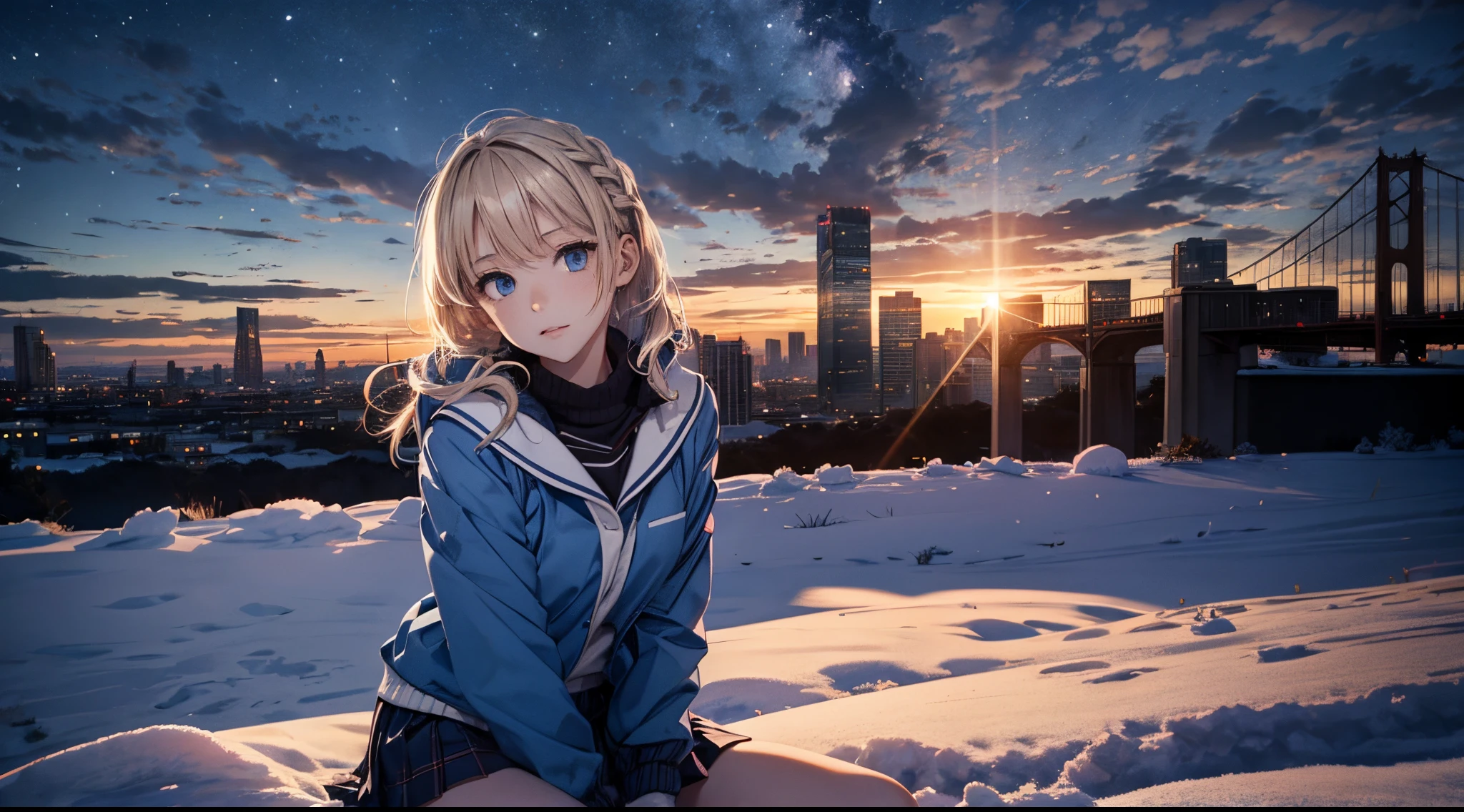 masutepiece,8K,octans, Skysky, stele(Skysky), landscapes, starrysky, natta, 1girl in, nigh sky, report, plein air, built, ​​clouds, milkyway, sitting on, 城市, silhuette, Cityscape,(Short, Low twin-tailed blonde hair:1.2),(Deep Blue Eyes:1.3),(winter school uniform:1.1)