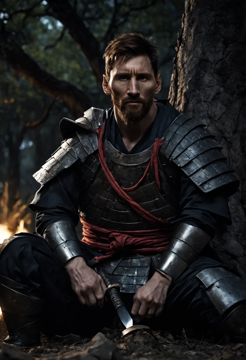 (best quality,ultra-detailed,realistic), Lionel Messi as a ninja samurai resting,beside a tree,dark night,sword beside him on ground,detailed armor,moonlight,calm expression,worn-out clothes,peaceful atmosphere,star-filled sky,heightened senses,deep shadows,faint campfire,Viking warrior.