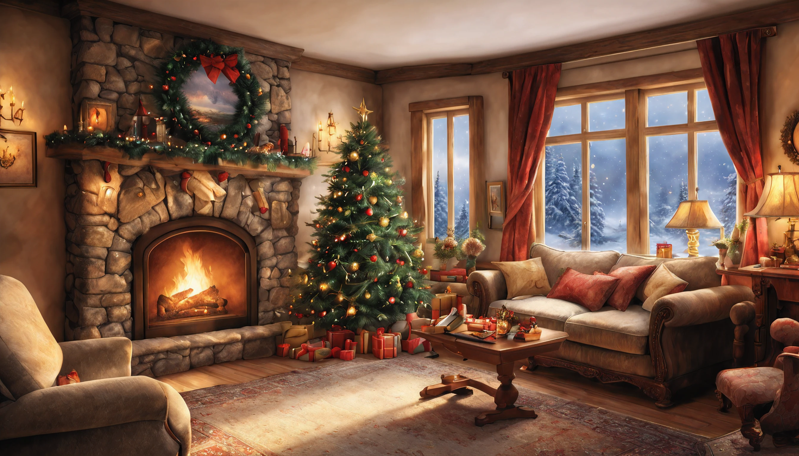 arafed living room with christmas tree and fireplace in the corner, cosy enchanted scene, thomas kinkade. cute cozy room, cozy environment, cozy living room interior, cozy place, christmas night, cozy home background, cozy living room background, cozy living room, thomas kinkade. forest room, cozy setting, cozy room, lavishly decorated