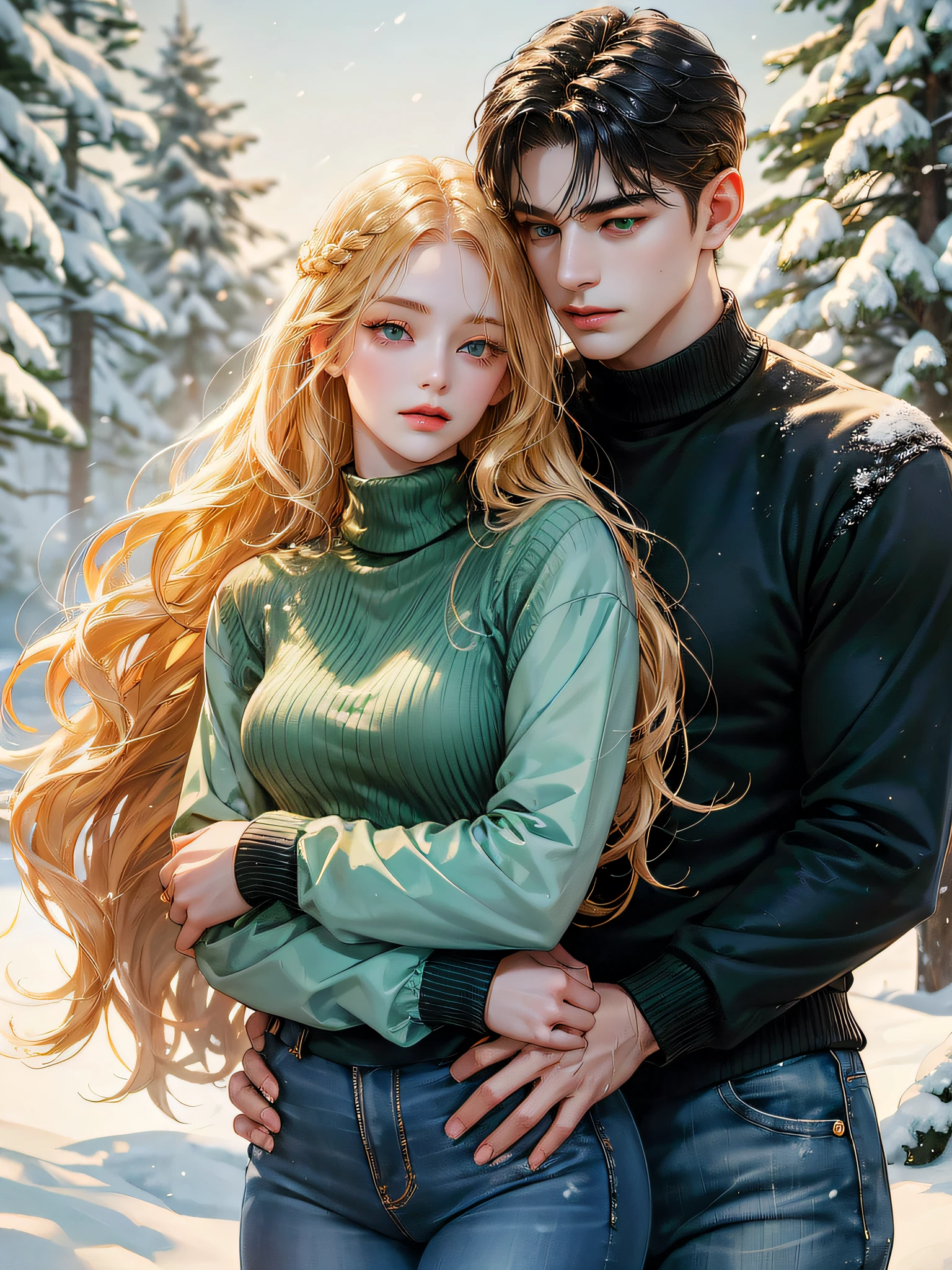 The girl wears a green turtleneck jumper