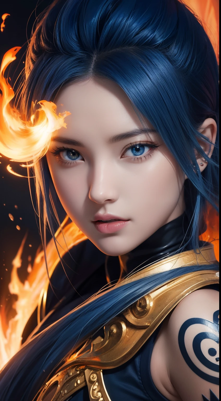 (Aesthetic, Hi-Res: 1.2), Get ready for a visual feast with Vegito 20 years old, solo, brilliant blue hair and tattoos, a creature with a handsome face and piercing golden eyes. In his transformed state, he radiates extreme instinct and power, creating an epic anime about this man of energy. See how he manipulates fire and lava in stunning anime artwork that will blow your mind. This concept art is straight from the Bleach Universe, with manga-style 8k wallpapers that will transport you to another dimension. Get ready to be amazed by this detailed piece of digital anime art, showcasing the ultimate combination of style and power.