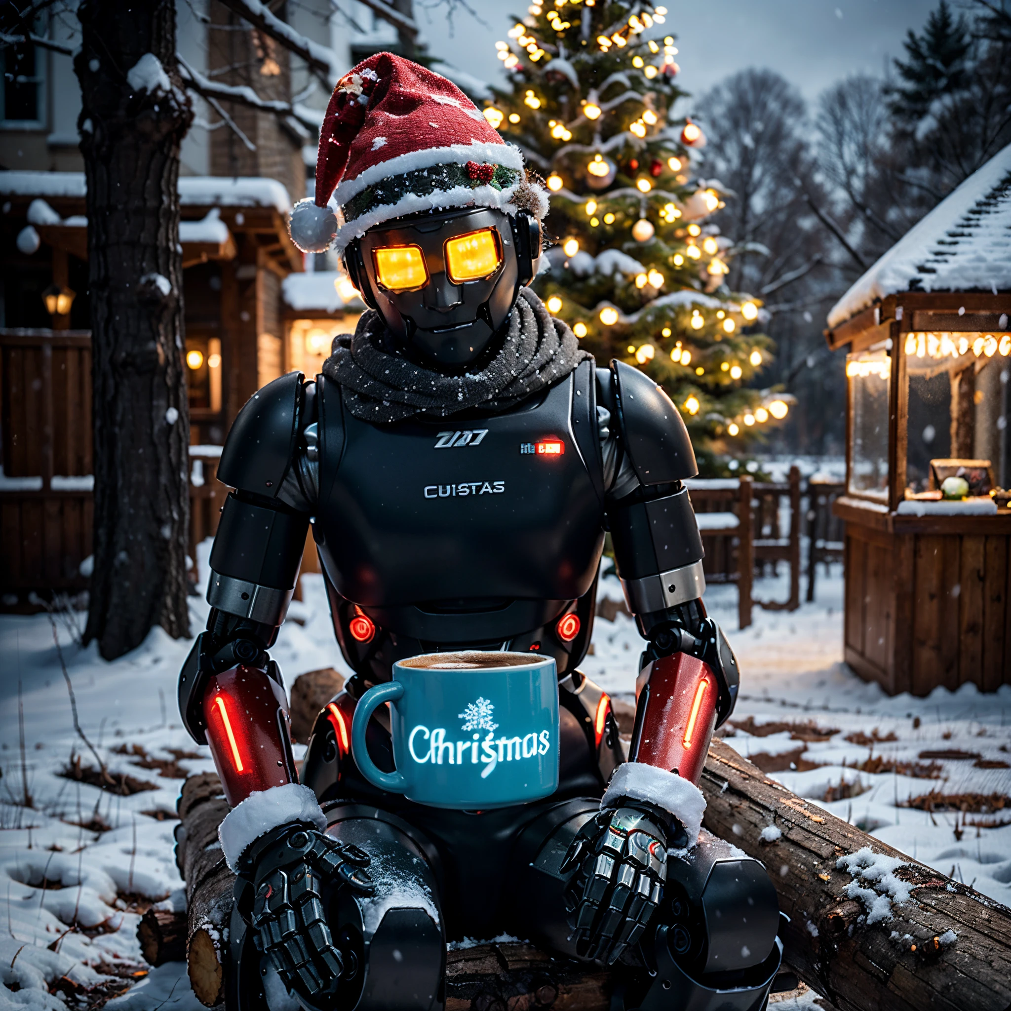 A robot, sitting on a log, it’s snowing, it’s Christmas, he is wearing a Christmas hat, drinking a hot coffee, looks chill, neon lights , high quality, high detail, 8k