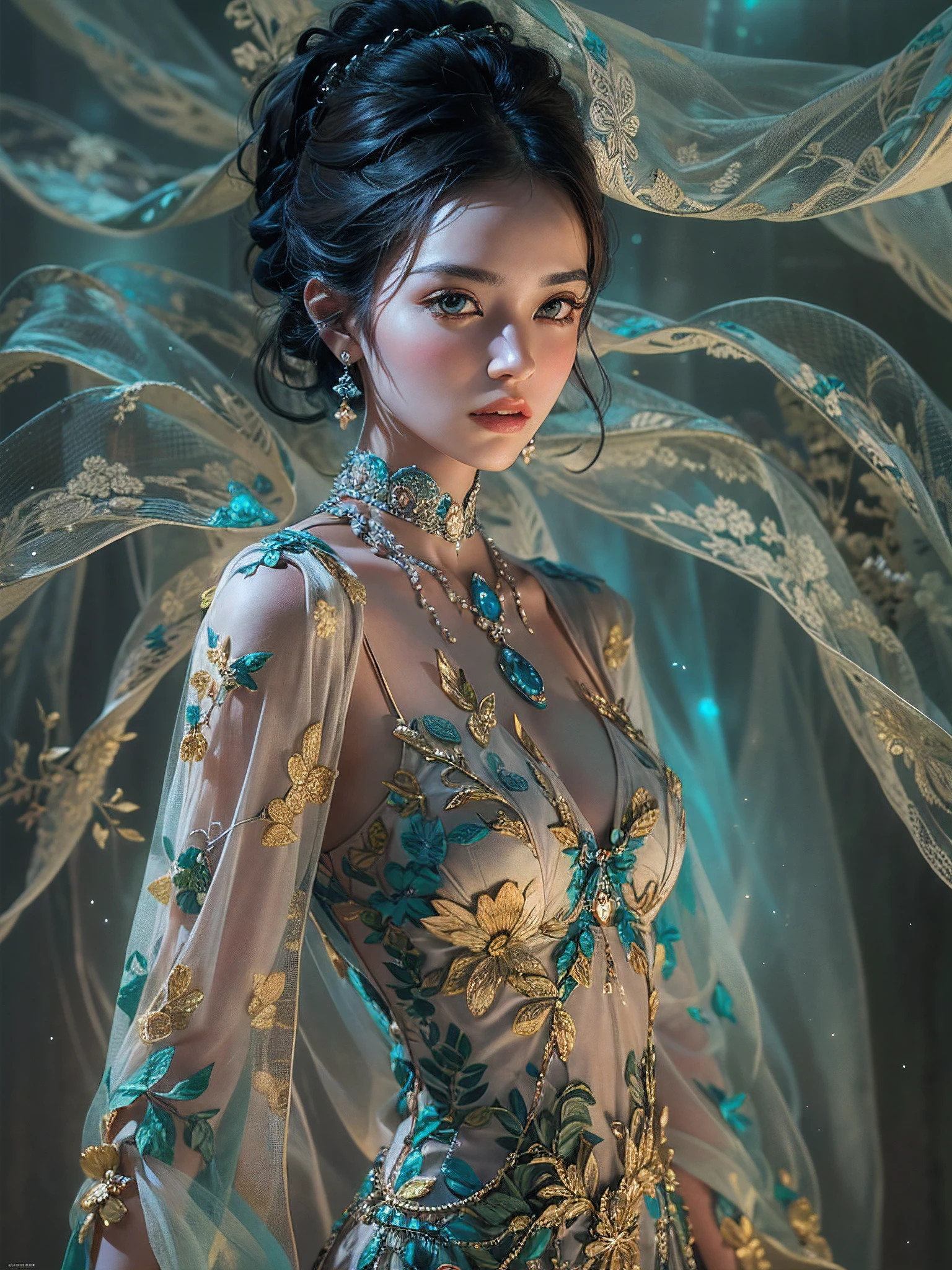 (Highest quality color photo of a mysterious beauty on the cover of a fashion magazine, haute couture fashion shoot:1.2),(extremely delicate and beautiful work:1.2), Elegant Pose, glamorous fashion pose, Sacred Light, with neon lights, grand background,( starryskybackground), Simple background, Art Nouveau, focus on art nouveau suit, Luxury Fashion,(she is the embodiment of beauty and charm, Her clothes are as soft and light as air., elegant and sophisticated fashion),Black hair, Detailed face, Looking at Viewer, Detailed eyes, Black eyes, Lustrous lips ,cleavage, gentle and mysterious expression, High color saturation, Vogue Official Editorial, Editorial in Dior magazine, (Best Quality, masutepiece, ultra-detailliert, 超A high resolution, Photorealistic, Raw photo, absurderes, absolutely resolution:1.4),