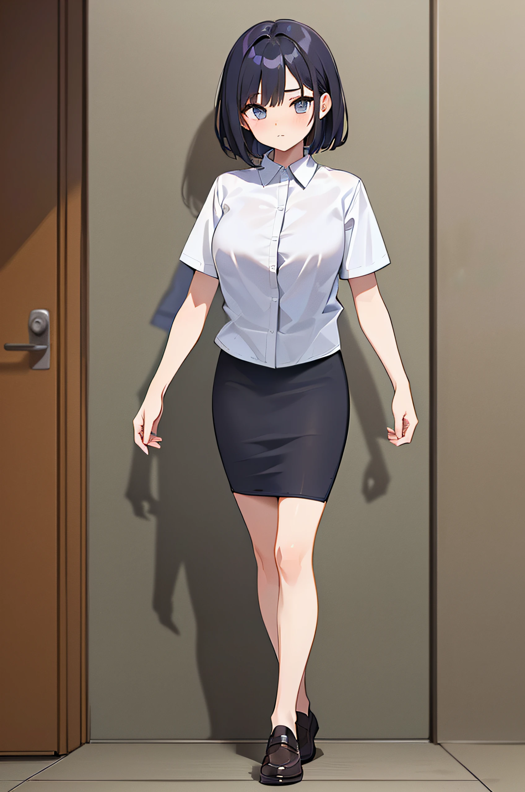 1woman, famale, age 19, student, detailed eyes, quality eyes, (shirt, (short sleeves:1.1), Untucked, (Untucked Shirt:1.8)), ((long pencil skirt:1), (white:1.5)), (full body:1.2), anime line art, line art, manga, black and whonochrome:1.5)), high quality, detailed, ((best quality)), (masterpiece)