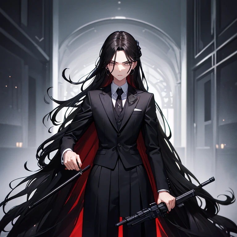 ((High quality picture)) a man stand in the midle have fair skin, 170 cm tall, black hair, long hair tied, wearing black suit, hands holding black sword infront of him, 20 years old, gloomy face, wearing rings, fit body, a man standing on the right have 175 cm tall, brown hair, 25 years old, funny face, wearing black suit, a woman standing on the left have 160 cm tall, blonde hair, long hair, beautyfull, fair skin, wearing black suit and black skirt, holding a gun, serious face
