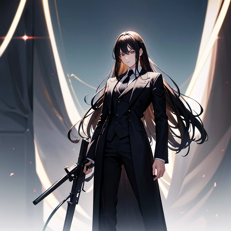 ((High quality picture)) a man stand in the midle have fair skin, 170 cm tall, black hair, long hair tied, wearing black suit, hands holding black sword infront of him, 20 years old, gloomy face, wearing rings, fit body, a man standing on the right have 175 cm tall, brown hair, 25 years old, funny face, wearing black suit, a woman standing on the left have 160 cm tall, blonde hair, long hair, beautyfull, fair skin, wearing black suit and black skirt, holding a gun, serious face