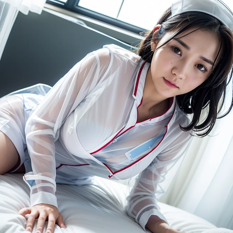 (A very beautiful nurse takes off her clothes on the bed)). (Wearing a white transparent nurse uniform: 1.5). iced, Photo, masutepiece, of the highest quality, (Short bob with light brown hair). Beautiful Japanese woman with soft breasts and white skin, Yui Arakaki, Various poses. ((Big: 1.2)), ((has very soft breasts, Lie down and open your crotch wide, Lying down, suppressed sad eyes)), Ultra-detailed face, Detailed eyes, (She got wet).
