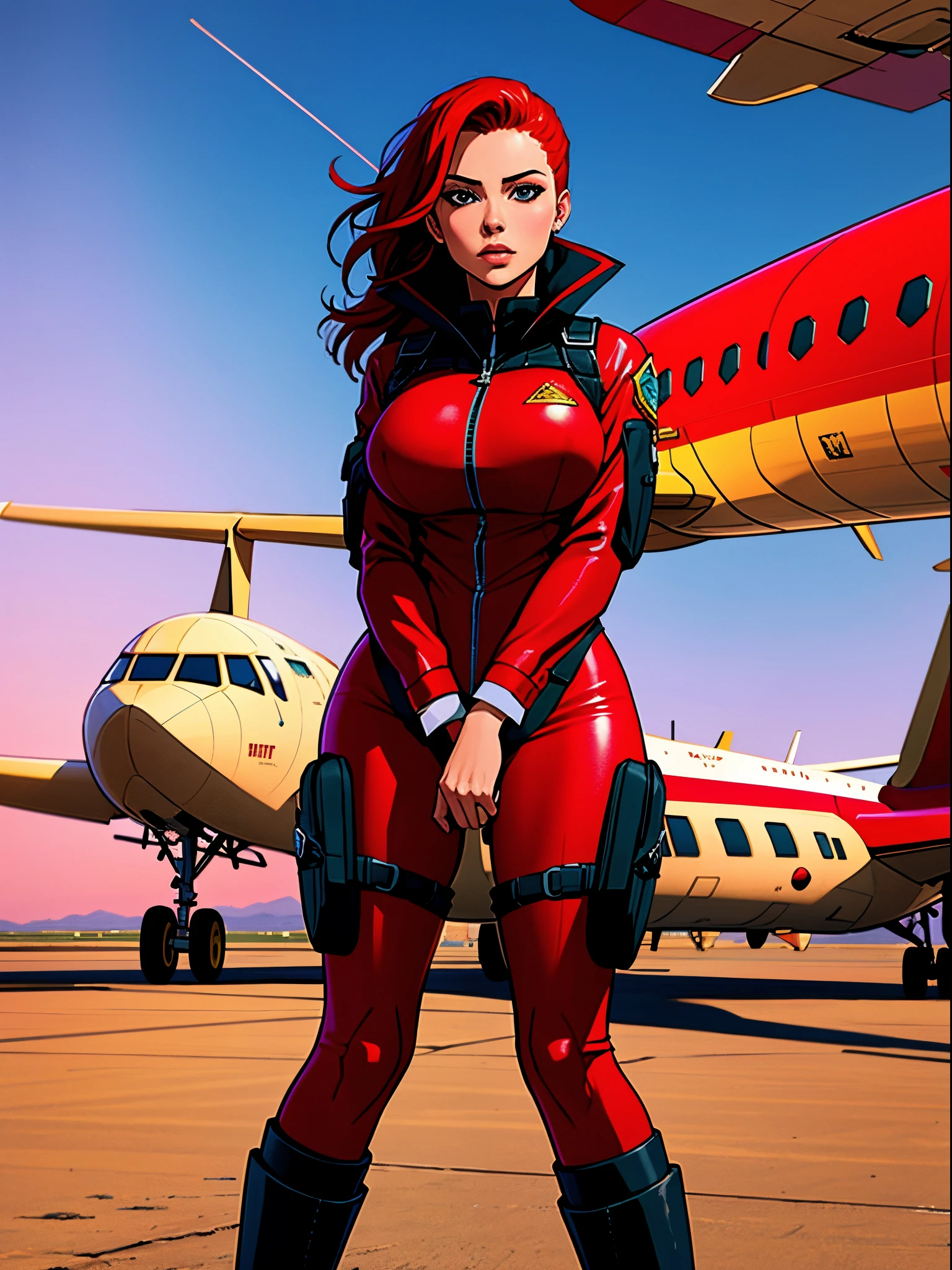 Plane stopped on the ground with a red-haired woman in a flight suit next to the plane. O aviao ocupa a maior parte da imagem. Red sunset in the background.