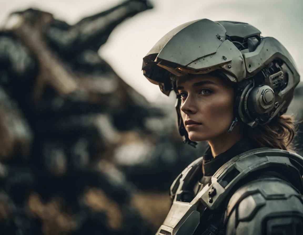 cinematic film still portrait of a solo female mech pilot standing in front of her (large combat mech:1.3), scifi armor, military base, heavy wind, scifi helmet in hand, visor, detailed eyes, dry skin, skin fuzz, visible skin hair, skin blemishes ,, shallow depth of field, vignette, highly detailed, high budget Hollywood film, bokeh, cinemascope, moody, epic, gorgeous, film grain