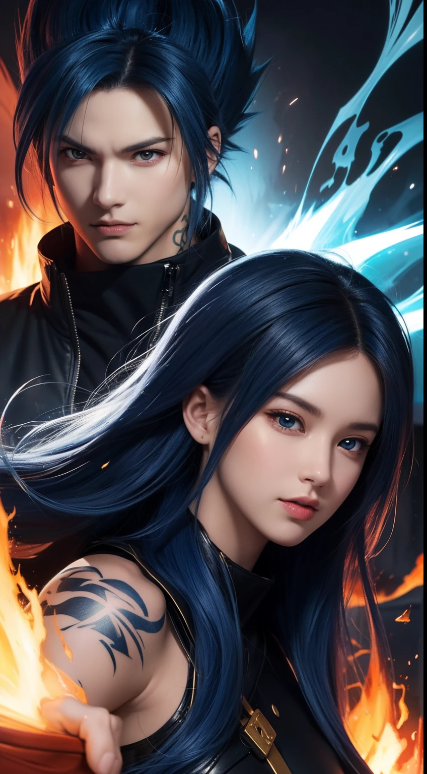 (Aesthetic, Hi-Res: 1.2), Get ready for a visual feast with Vegito 20 years old, solo, brilliant blue hair and tattoos, a creature with a handsome face and piercing golden eyes. In his transformed state, he radiates extreme instinct and power, creating an epic anime about this man of energy. See how he manipulates fire and lava in stunning anime artwork that will blow your mind. This concept art is straight from the Bleach Universe, with manga-style 8k wallpapers that will transport you to another dimension. Get ready to be amazed by this detailed piece of digital anime art, showcasing the ultimate combination of style and power.