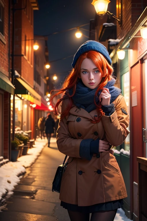 (1girl), handsome girl, red hair hair ,blue eyes, . Dark lights, dressed for winter, waling near rock cafes. looking shy