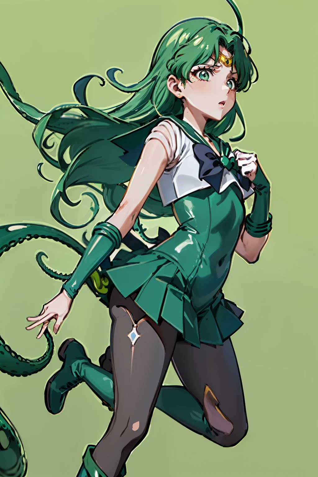 masutepiece, Best Quality, 1girl in, (Sailor Neptune),Green head hair, (Green eye:1.2),((Leotard))、((long boots))、((pantyhose))、((Tentacle background))、length hair、poneyTail、((embarassed expression))、((tentacles wrapped around legs))、((a miniskirt))、((Tentacles wrap around your hand))