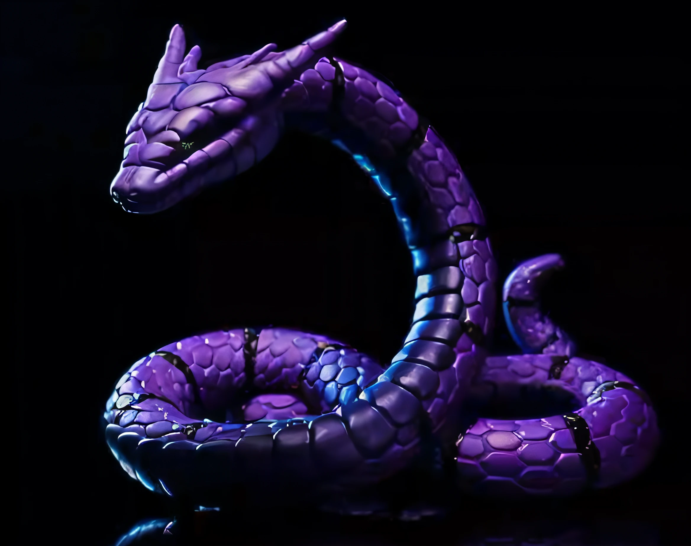 Purple snake statue on black surface,reflection on black surface, serpent, serpent, serpent body, Naga, snake art, Hydra, snake body, jormungander, coiled realistic serpents, Softby'S, Nagatir, serpentine pose, Eugene Gottneck, jormungand, Very detailed snake, serpentine, nagas