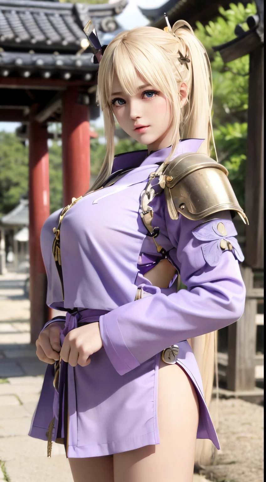 Marie Rose、blondehair、((****ar ***)), hair((blondehair, long, Wavy)), Eyes((Smart Eyes, noisette)), Clothes((warior clothes, Samurai Armored, Light purple)), Ponytail, shock, Colossal tits, huge-breasted, oppai, temple, shrines,