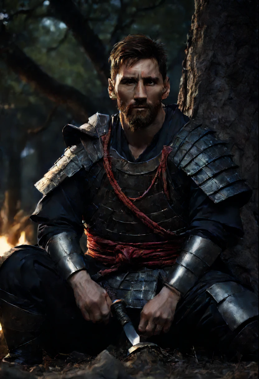 (best quality,ultra-detailed,realistic), Lionel Messi as a ninja samurai resting,beside a tree,dark night,sword beside him on ground,detailed armor,moonlight,calm expression,worn-out clothes,peaceful atmosphere,star-filled sky,heightened senses,deep shadows,faint campfire,Viking warrior.