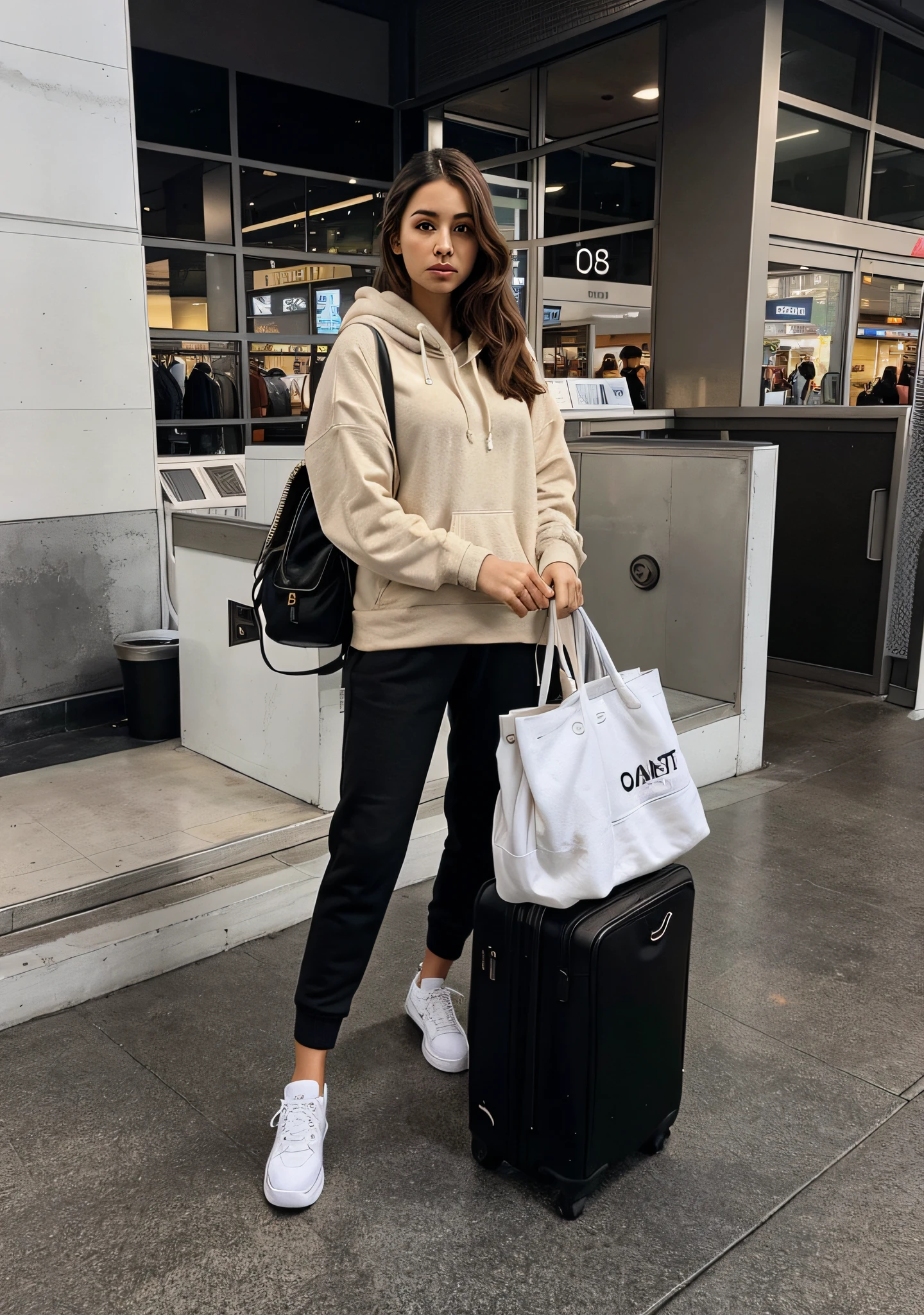 (same character, front, side, back), araffe woman with a bag and a handbag standing in front of a luggage carousel, traveling clothes, casually dressed, white hoodie, easygoing, comfy, dressed with long fluent clothes, wearing jeans and a black hoodie, airport, wearing an oversized hoodie, relaxed style, style, dressed casually, wearing a hoodie and sweatpants, no glasses, cute casual streetwear