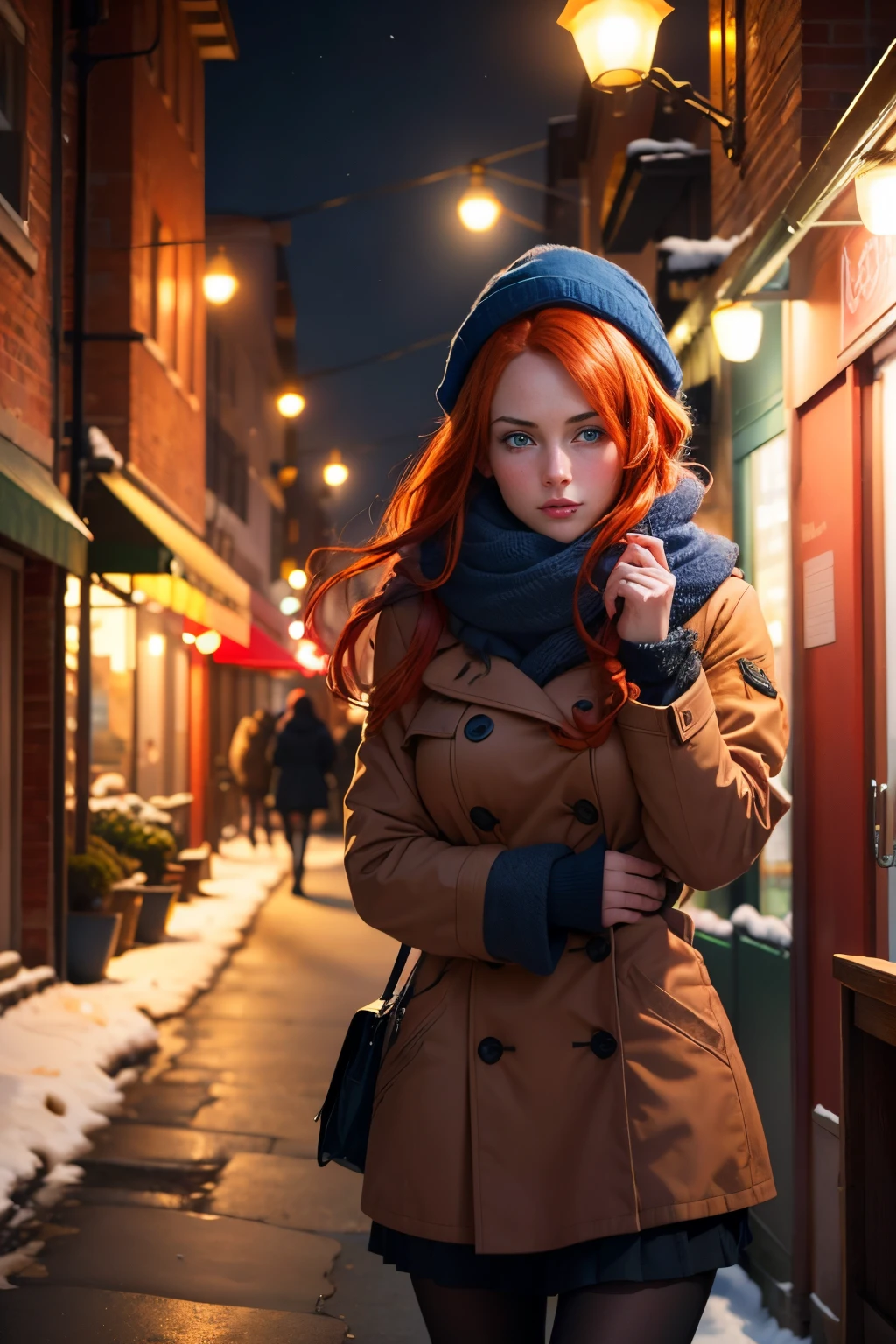 (1girl), handsome girl, red hair hair ,blue eyes, . Dark lights, dressed for winter, waling near rock cafes.  looking shy