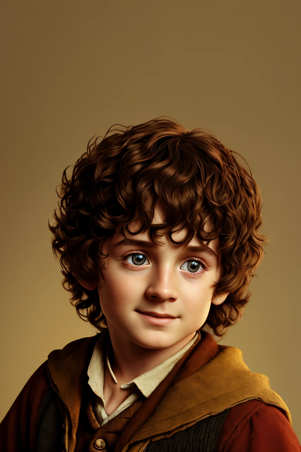 (cbzbb:1.25), Portrait of a child Frodo Baggins, Frodo Baggins 7 y.o., full pose, full body, artstation, CGI_Animation, Realistic