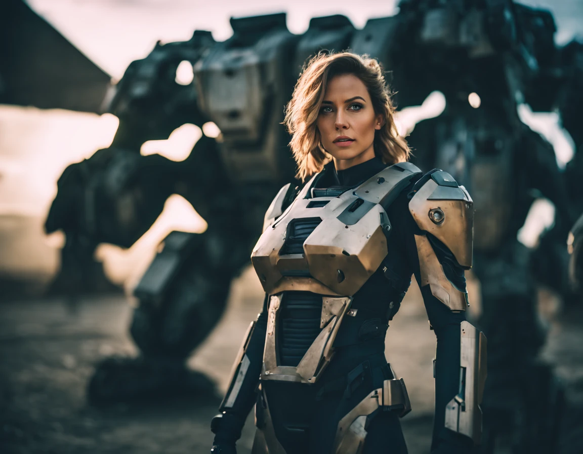 cinematic film still portrait of a solo female mech pilot in skimpy suit standing in front of her (large combat mech:1.3), scifi armor, military base, heavy wind, scifi helmet in hand, visor, detailed eyes, dry skin, skin fuzz, visible skin hair, skin blemishes ,, shallow depth of field, vignette, highly detailed, high budget Hollywood film, bokeh, cinemascope, moody, epic, gorgeous, film grain