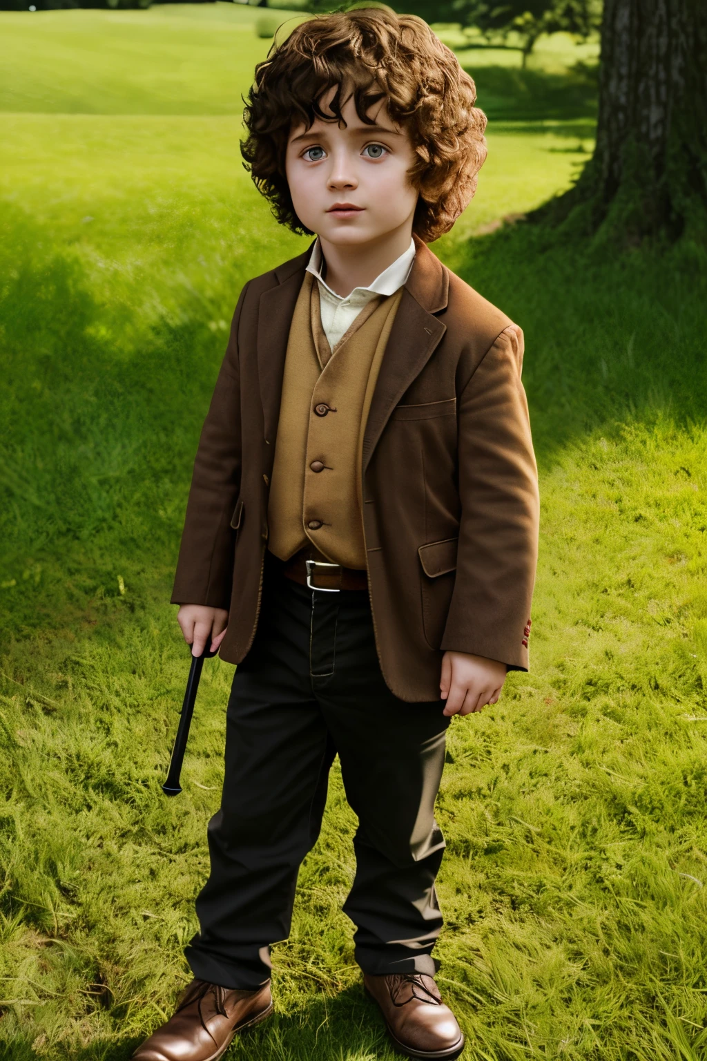 (cbzbb:1.25), Portrait of a child Frodo Baggins, Frodo Baggins 7 y.o., full pose, full body, artstation, CGI_Animation, Realistic