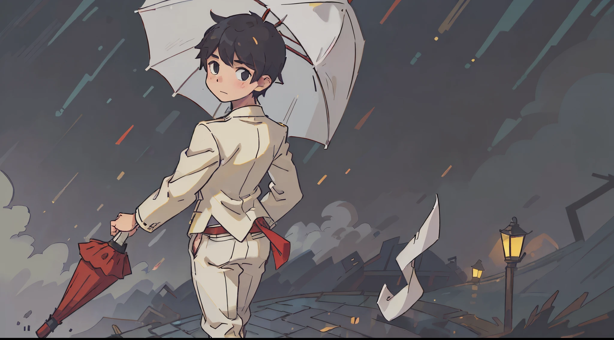 (best quality:0.9) a windy and rainy night, 1boy, yellow, white suit, black pants, holding a red umbrella, walking with his back to the camera,