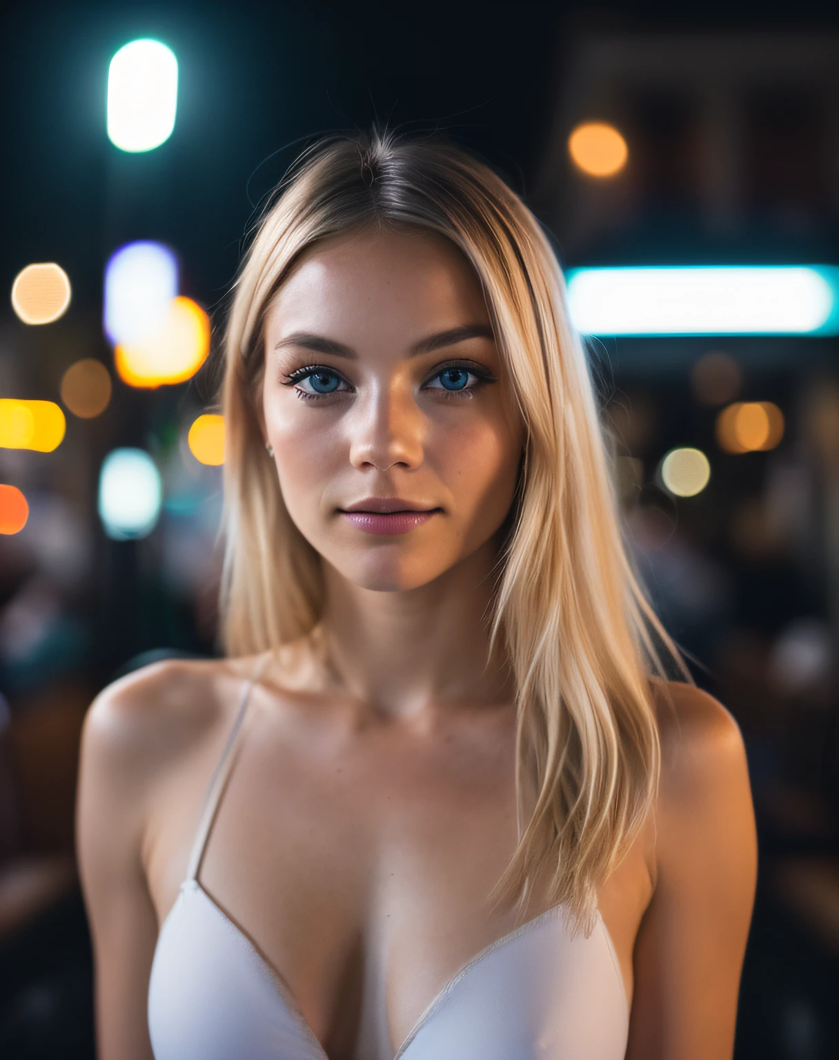 (selfie, top view: 1.4), (straight half of the body: 1.4), RAW UHD portrait photo of a 24-year-old blonde walking down a dark alley, large natural breasts,city at night, (topless:1.2), detailed, glossy eyes with high detail (looking at the camera), SLR lighting, SLR camera, ultra-quality, sharpness, depth of field, film grain (center), Fujifilm XT3, crystal clear, frame center, beautiful face, sharp focus, street lamp, neon lighting, bokeh (dimly lit), night, (night sky), detailed skin pores, sunburn, complex eye details, full body, large breasts