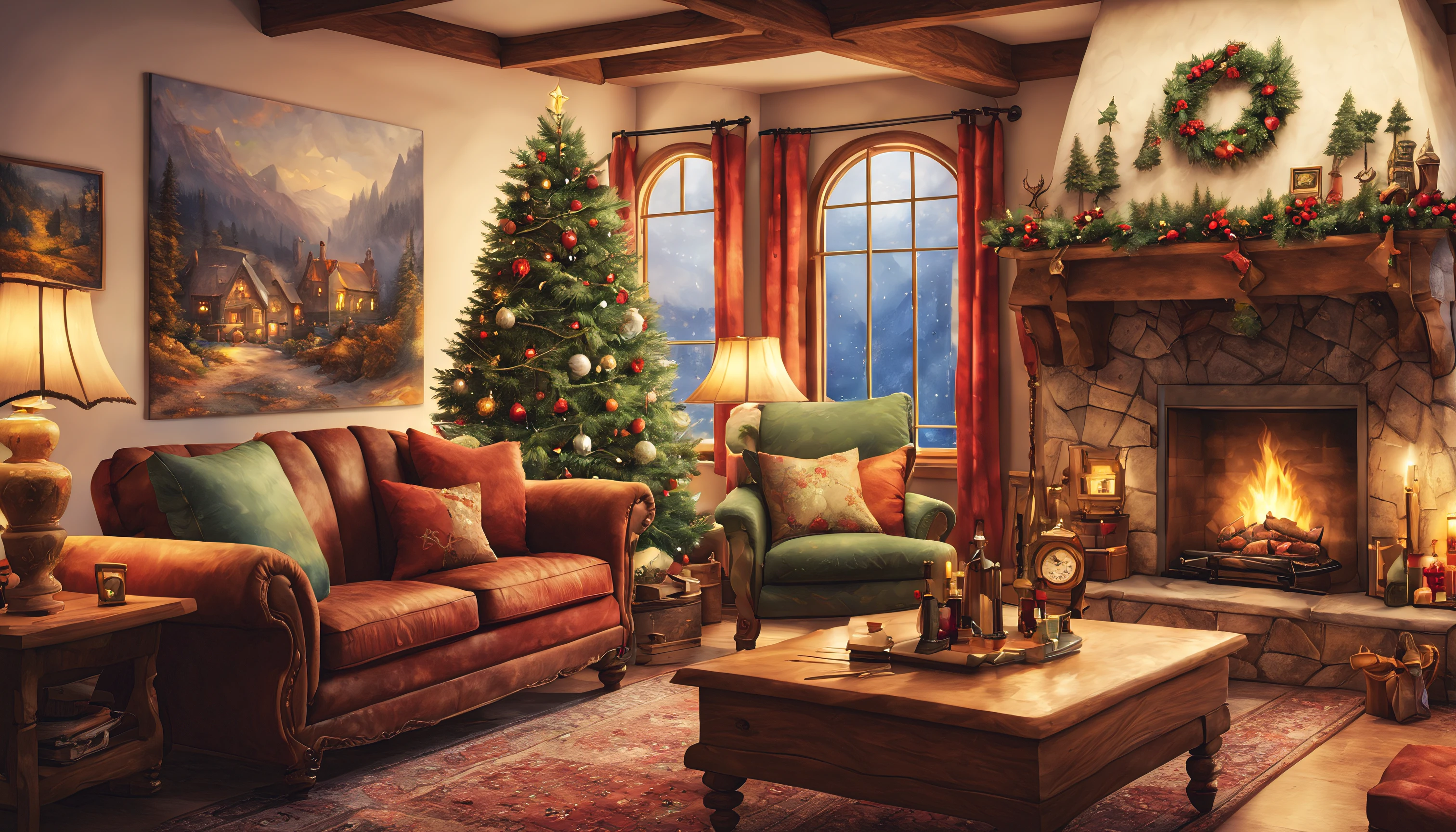 arafed living room with christmas tree and fireplace in the corner, cosy enchanted scene, thomas kinkade. cute cozy room, cozy environment, cozy living room interior, cozy place, christmas night, cozy home background, cozy living room background, cozy living room, thomas kinkade. forest room, cozy setting, cozy room, lavishly decorated