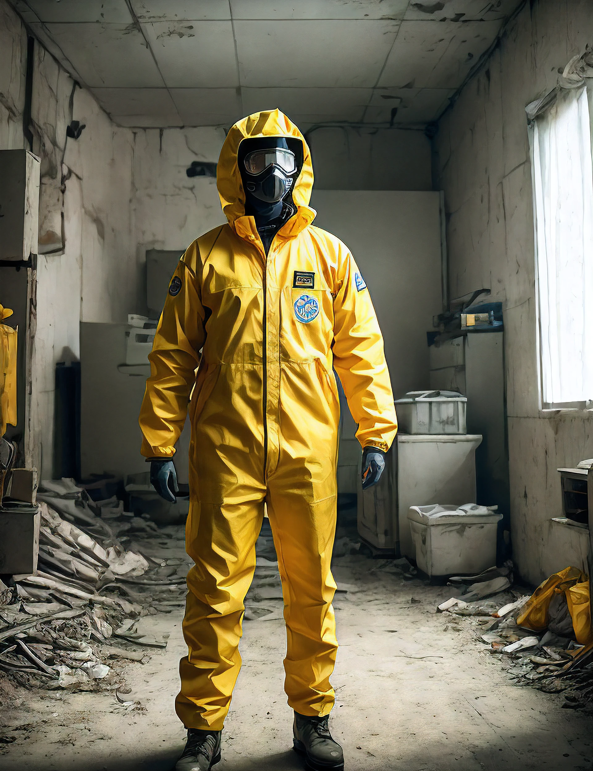 Arafed man in a yellow suit and protective gear standing in a room, Un hombre soltero con un traje de materiales peligrosos, During a Biohazard Apocalypse, Retrato ambiental, Trajes de materiales peligrosos, 4K still break bad, Moda nuclear, traje espacial amarillo, in a post apocalyptic setting, Nuclear wasteland, Secuelas nucleares, Lluvia radiactiva nuclear, Radioactive wasteland --auto