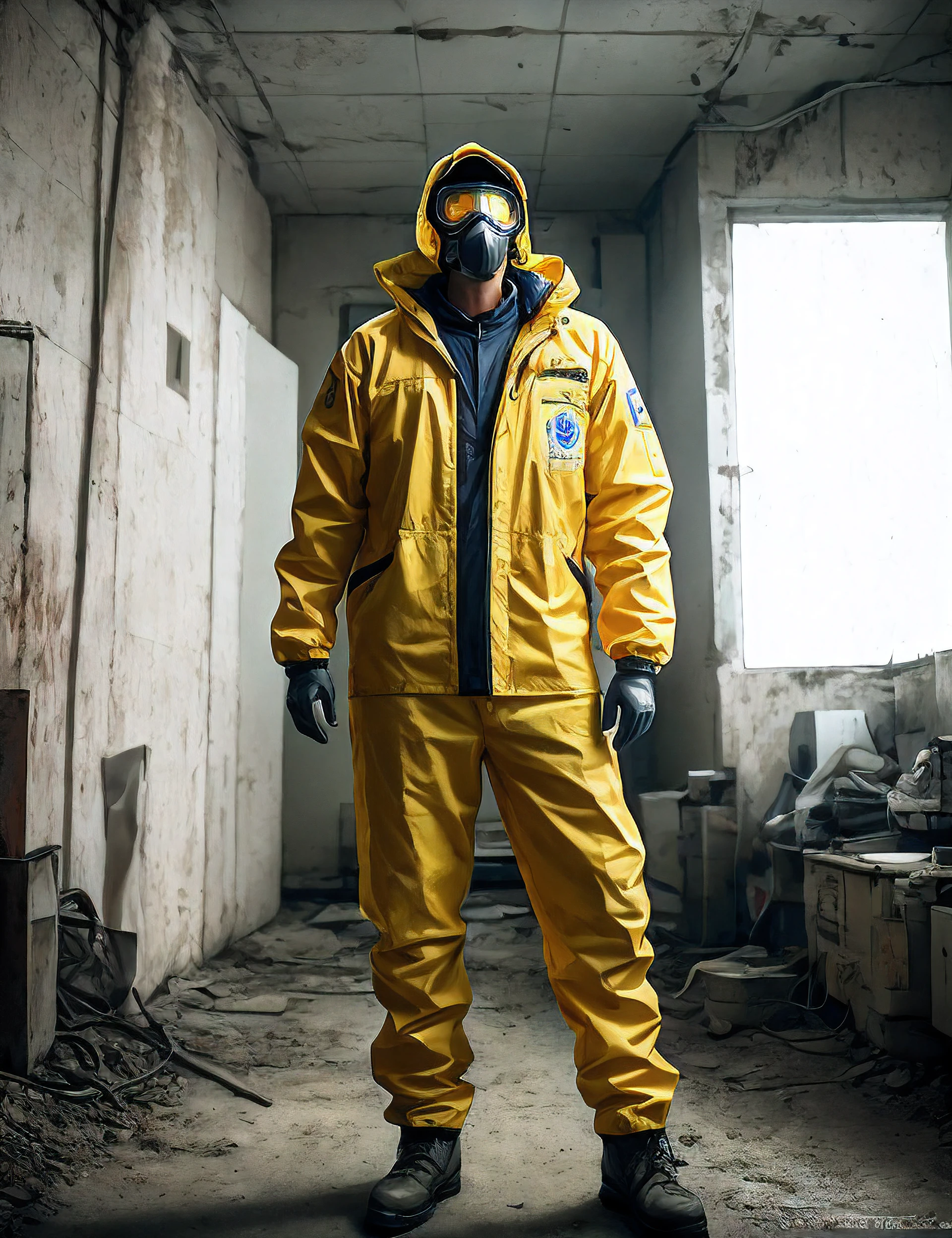 Arafed man in a yellow suit and protective gear standing in a room, Un hombre soltero con un traje de materiales peligrosos, During a Biohazard Apocalypse, Retrato ambiental, Trajes de materiales peligrosos, 4K still break bad, Moda nuclear, traje espacial amarillo, in a post apocalyptic setting, Nuclear wasteland, Secuelas nucleares, Lluvia radiactiva nuclear, Radioactive wasteland --auto