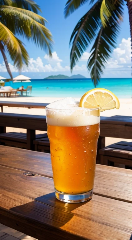 A paradisiacal beach in the background, a wooden table with a cold beer served in a pint, with lemon slices around it