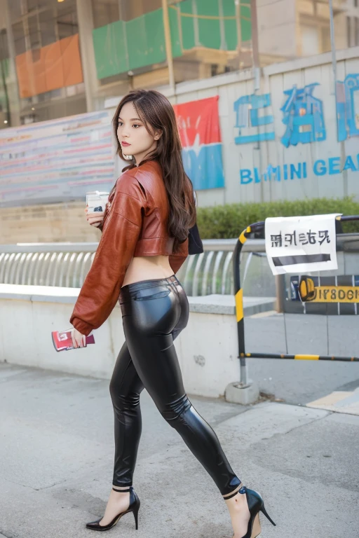 (16k, ultra high res, best quality, high quality, masterpiece:1.3), (a professional photo of girl), RAW photo, realistic illustration, (ultra detailed eyes and face), (ultra detailed beautiful skin), full body shot, 24 year old female model, elegant sleek smooth body, sultry body with sexy belly, perfect body, attractive body, (model figure), photorealistic perfect body, Petite facial features, Super Detail Beautiful Natural Skin, natural makeup, narrow waist, slender, wide hips, beautiful sexy navel, woman in black leather pants and a red top walking, wearing black tight clothing, black leather slim clothes, wearing tight clothes, black extremely tight jeans, skintight leather clothes, black leather shiny jeans, skintight black clothes, leather, tight outfit, black leggings, leather pants walking down a sidewalk, skinny waist, long legs, walking in the city streets black spandex, super low rise leggings, wearing black high heels, full body view,