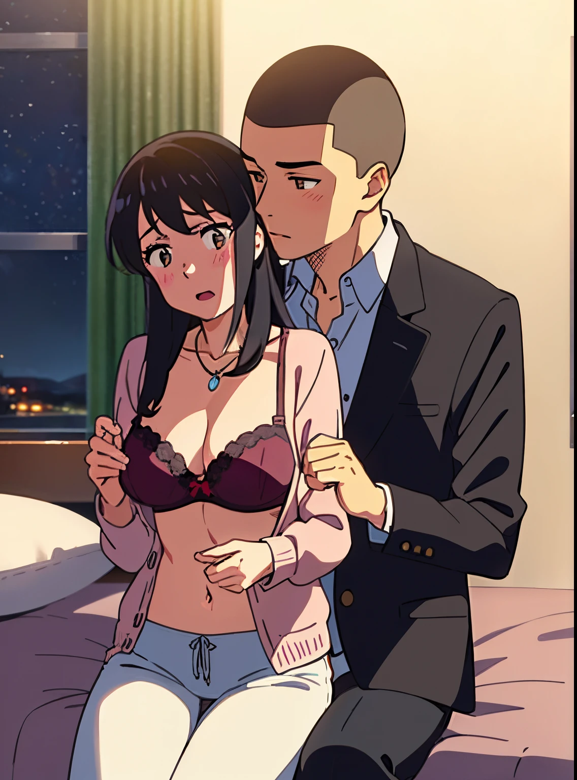 shinkai makoto, kimi no na wa., 1boy, buzzcut, school uniform, boy behind girl, touching chest, breatsgrope from behind, grab, grabbing chest,chestgrab behind back, remowing bra, hold bra, hug back, hugging, neck kiss, 1girl, black hair, waterfall braid, red ribbon, long hair, brown eyes, blue star necklace, light cardigan pink, open shirt, yellow shirt open shifrt, navel, white bra, white pants, cute, open mouth, full body, long sleeves, cowboy shot, masterpiece, on a dating, blushing, bedroom, night, sit on bed , buzzcut