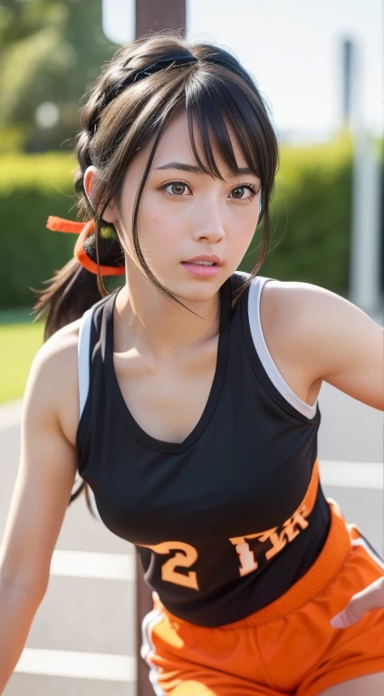 Mitsuhamiyamizu, Mitsuha Miyamizu, Black hair,poneyTail、 Hair Ribbon,slightly larger breasts、
orange sleeveless sportswear、basket ball uniform、Red shorts、Gymnasium、basketball、Best Quality, High resolution, Unity 8k壁纸, (Illustration:0.8), (Beautiful detailed eyes:1.6), extra detailed face, Perfect Lighting, extremely details CG, (Perfect hands, Perfect Anatomy),