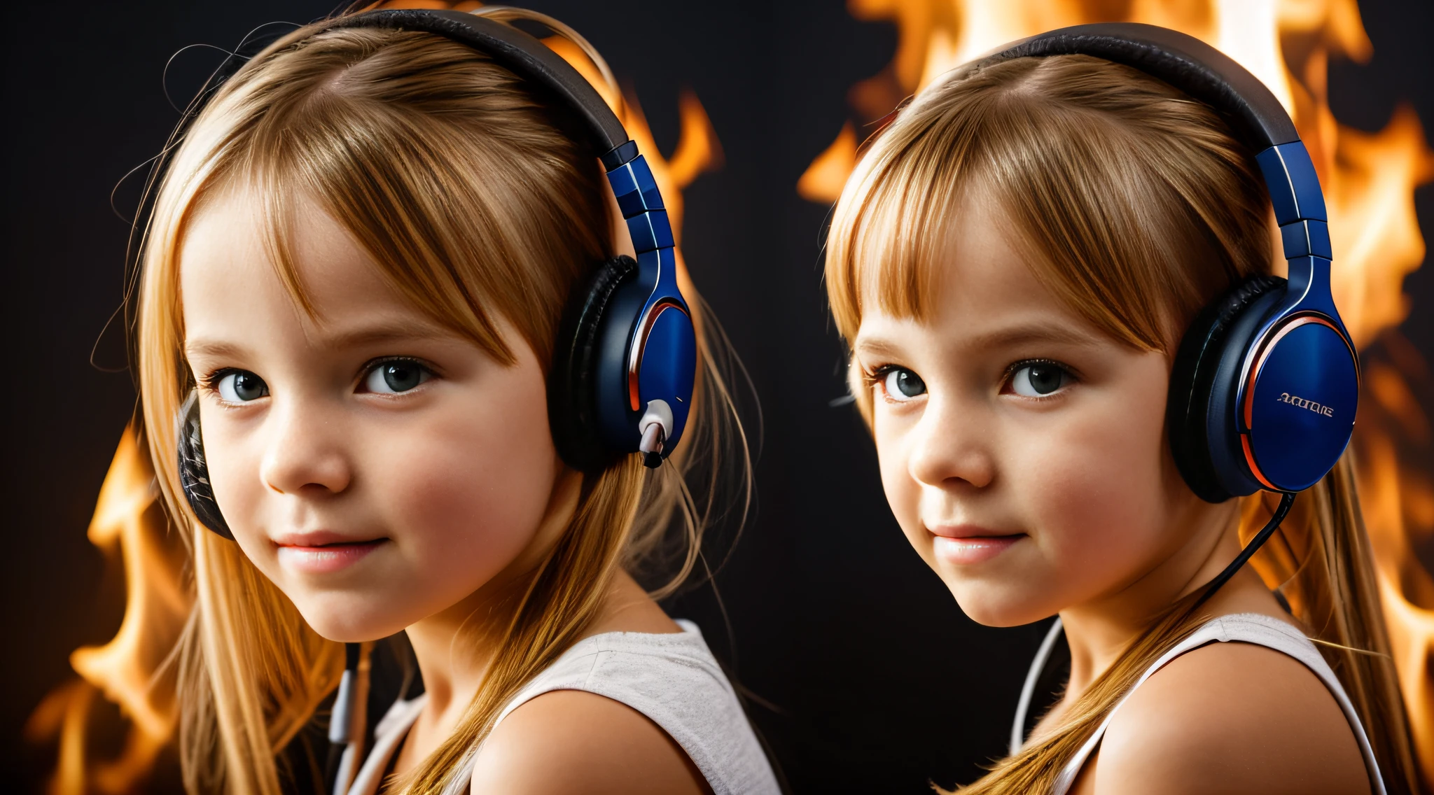 menina loira com cabelo de fogo com fones de ouvido e fogo ao fundo, fechar para cima. fundo vermelho.