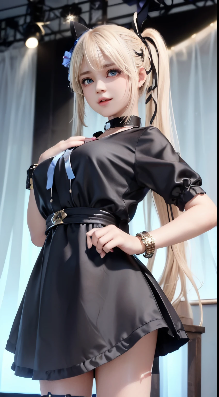 Marie Rose、blondehair、((12year old)), hair((Wavy, Black)), Eyes((Smart Eyes, Black)), Clothes((satin, Mini dress, Ribbon trim, Light blue, Light blue)), Accessories ((hair clips, shock, Bracelet)), Ponytail, huge tit, huge-breasted, Korean Makeup Look, Happy, stage, Spotlight, concert, Smiling, Smile expression, Dancing,