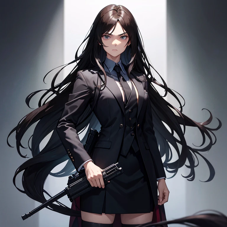 1 man stand in the midle, 170 cm tall, black hair, long hair tied, wearing black suit, hands holding black sword infront of him, 20 years old, gloomy face, wearing rings, fit body, 1 man standing on the right have 175 cm tall, brown hair, 25 years old, funny expression, wearing black suit, 1 woman standing on the left have 160 cm tall, blonde hair, long hair, beauty, fair skin, average boobs, wearing black suit and black skirt, holding a gun, serious face, background police station