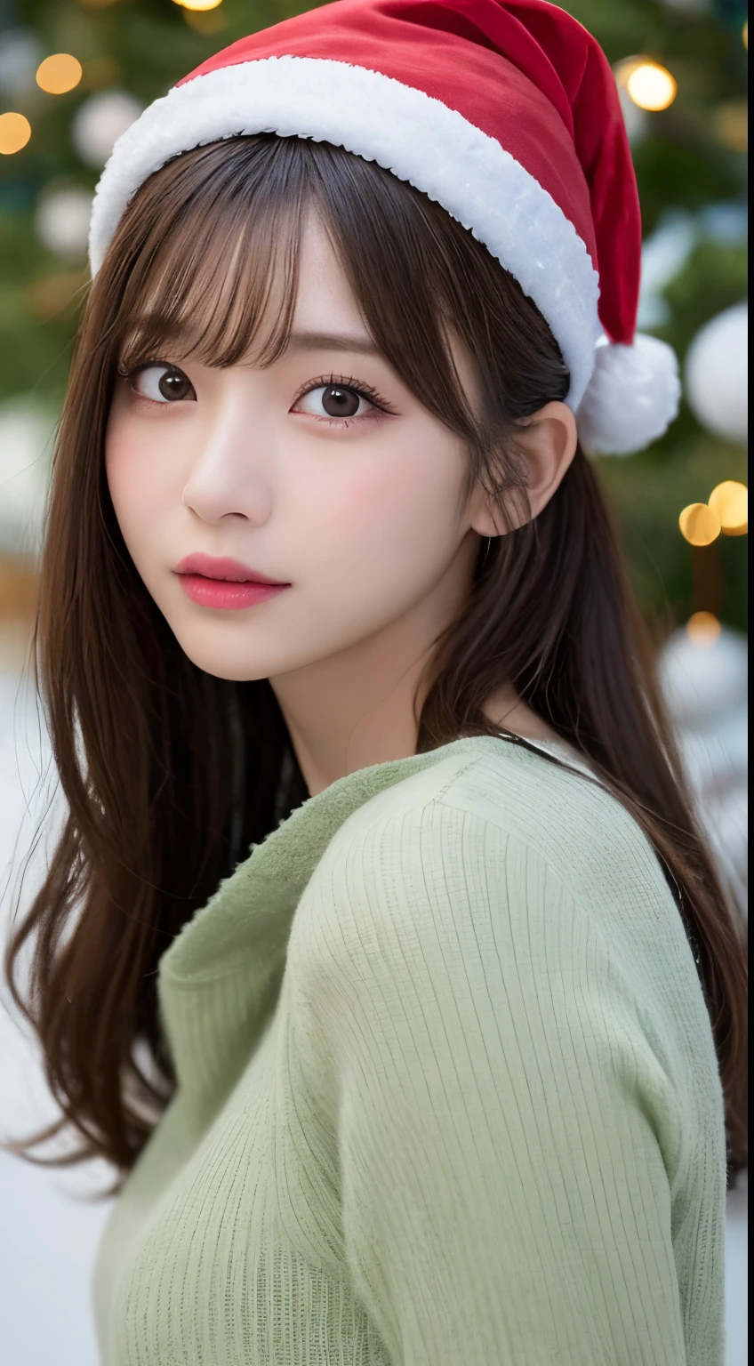finely detail, hight resolution, hightquality、Perfect dynamic composition, Beautiful detailed eyes, Medium Hair, small tits、Natural Color Lip,Kamimehibuya、20 years girl、1 persons、Transparent skin、Glowing hair、masutepiece, Best Quality, Illustration, Ultra-detailed, finely detail, hight resolution, 8K、The correct state of the human body、Randomly cute poses,Ponytail hair,beauty legs,Perfect beautiful face,KPOP Idol Face,Face that feels ???????,(Super cute face in idol style:1.2), Christmas tree,Christmas Party,Santa Claus Costume:1.2,Background blur,Randomly dress up as a model for a women's fashion magazine