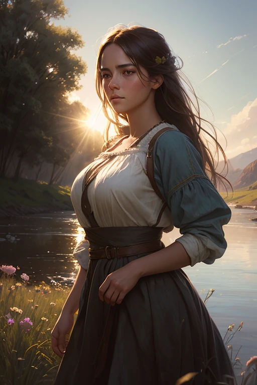 portrait of a cute woman in a bright windy field, river, (backlighting), realistic, masterpiece, highest quality, lens flare, shade, bloom, [[chromatic aberration]], by Jeremy Lipking, by Antonio J. Manzanedo, digital painting, Style-GlassFinal, natural skin texture