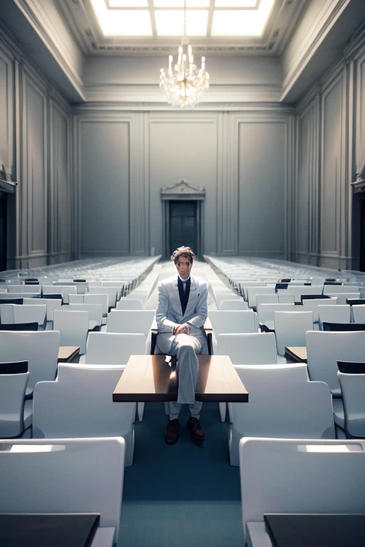 A guy in a white suite sitting on a chair in an empty big white hall
