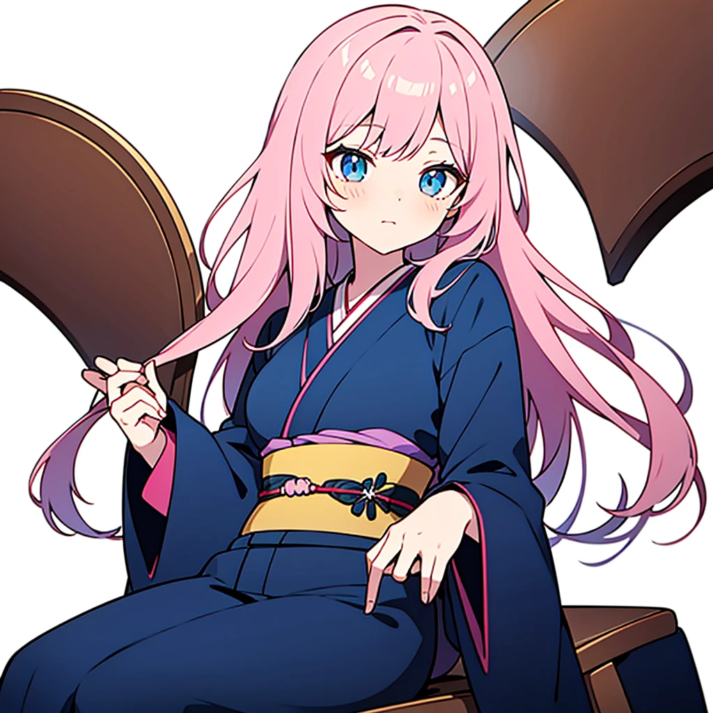 white background, 1woman, break pink hair, break blue eyes, blue kimono, long sleeves, medium length hair, high detail, sitting on a chair