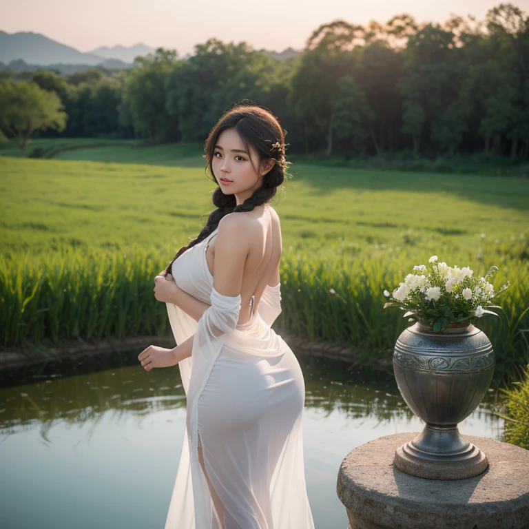 Cute young curvaceous woman in her 20s, Burmese traditional Thanaka on her cheeks, jasmine flowers on each braids, embracing a waterpot near green paddy-field,looking back over shoulder, undressing showing huge prefect bare breasts, physically-based rendering, glistening skin, full body shot, best quality,ultra-detailed,realistic, portrait, Norse goddess Frigg, beautiful detailed eyes, beautiful detailed lips, giant breasts, skinny but curvy, long braid flowing in the air, serene and wise expression,transparent long skirt, short white blouse, open chest, showing hips, showing shoulders, showing butt, transparent fabric, watery wet clothes(Best quality:1.3), eye focus, large breasts, thick butt,(rear view), standiing, Sunset of village background, photo with ultra realistic image quality taken with a Canon EOS 5D Mark IV camera with lens, Canon EF 24-70mm f/2.8 L \\ USM