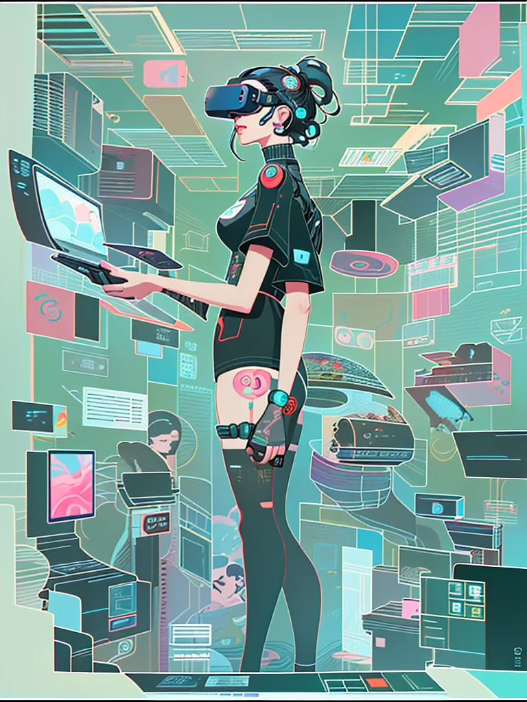Wearing a virtual reality headset、Illustration of woman surrounded by people, Inspired by NEVERCREW, Colorful editorial illustrations, Digital illustration style, digital 2d illustration, Colorful illustration, full page illustration, Commercial illustration, Just a joke, editorialillustrations, detailed 2d illustration, full page illustration, detailed cyberpunk illustration, Inspired by James Gillard, kilian eng bright colors