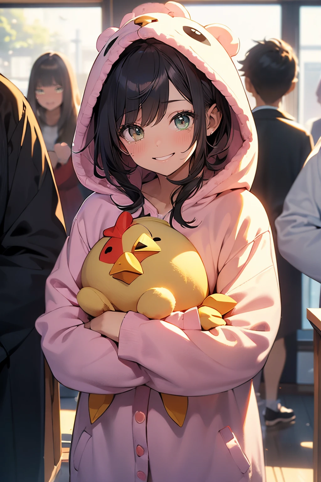 scene:1, ((masterpiece)), best quality, (((ultra detailed, 8k quality))), wearing fluffy chicken onsie, cute, guilty smile